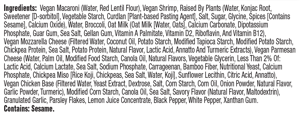 CLO-CLO Vegan Foods Shrimp Alfredo Bowl Ingredients